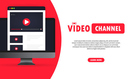 Video channel illustration. Watching vlog, webinars, training online on computer. Vector on isolated white background.のイラスト素材