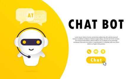 Chat bot banner. Online assistant bot landing page template. Dialog, message. Technical support. For web page. Vector on isolated white background.のイラスト素材
