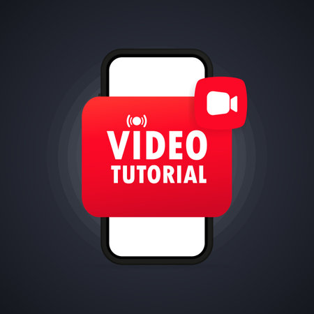 Video tutorials button. Watching webinar, streaming video online on smartphone. Vector on isolated background.のイラスト素材