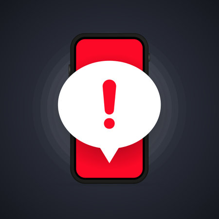 Mobile phone screen with a warning about spam, secure connection, fraud, virus. Phone alarm notice and new message. Danger alerts error, computer virus problem. Vector, illustrationのイラスト素材
