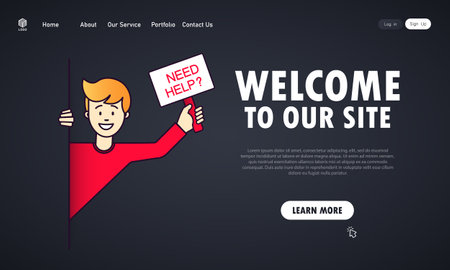 Man peeks out and holds the sign that asks Need Help. Support service. Website. Dark theme. Welcome to our site. Vector, illustration.のイラスト素材