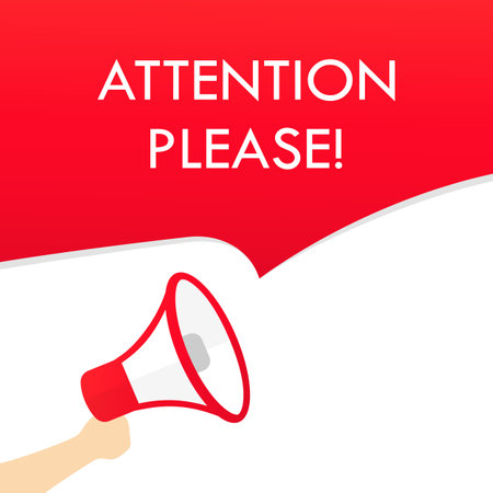 Hand holding megaphone with attention please text. Loudspeaker. Banner for business, marketing and advertising.のイラスト素材