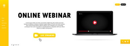 Watching online webinar on laptop illustration. Online lesson, lecture, seminar, training, course. Vector on isolated background. EPS 10のイラスト素材