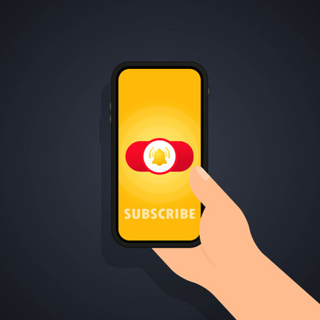 Subscribe button template with the notification bell on smartphone screen in hand. Subscribe red button sign in social media. Vector on isolated white background. EPS 10のイラスト素材