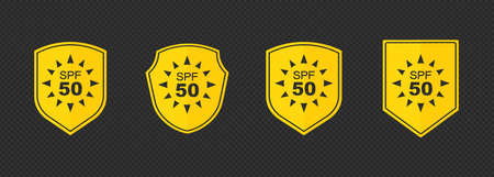 UV protection for skin. Set of simple flat SPF sun protection icons for sunscreen packaging. Icons for sunscreen products or other skin cosmetics.のイラスト素材
