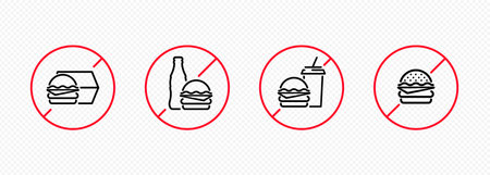 No fast food icon set. Prohibition sign. Forbidden unhealthy eating. Vector EPS 10のイラスト素材