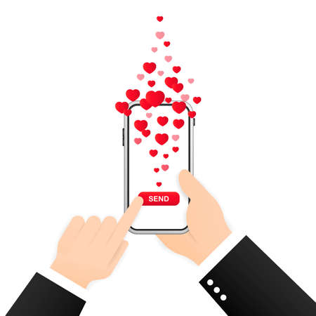Like, heart icon. Smartphone with heart emoji speech bubble get message on screen. Smartphone hand love. Social network concept. Hand holding mobile phone. Vector illustration in flat style.のイラスト素材