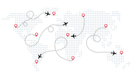 Airplane is in dotted line. World map. World map of airline airplane flight path travel plans....
