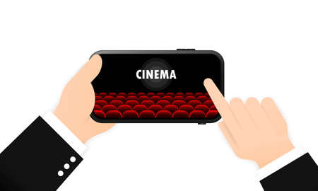 Online cinema on your phone banner. Movie time. Vector on isolated white background.のイラスト素材