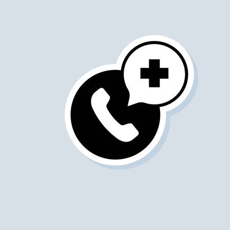 Emergency Call sticker. Telemedicine or telehealth virtual visit. Medical support service call. Vector on isolated white background.のイラスト素材