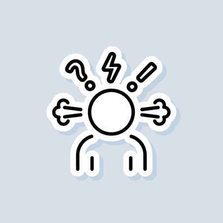 Angry person sticker. Steam is coming out from ears. Frustration, burnout, furious. Annoyed man. Stress symptom. Vector on isolated white background.のイラスト素材