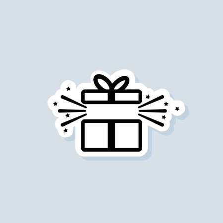 Gift box sticker. Party and celebration concept. Gift box icon. Surprise and birthday items, gift, present, ribbon. Vector on isolated background.のイラスト素材