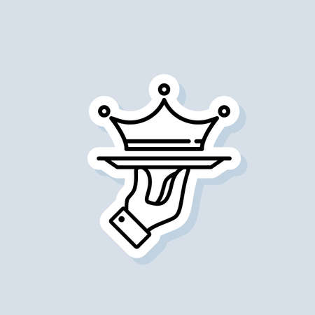 Crown on a tray sticker, icon.  Premium service icon. Vip business service. Premium class offer. Vip restaurant service. Vector on isolated background.のイラスト素材