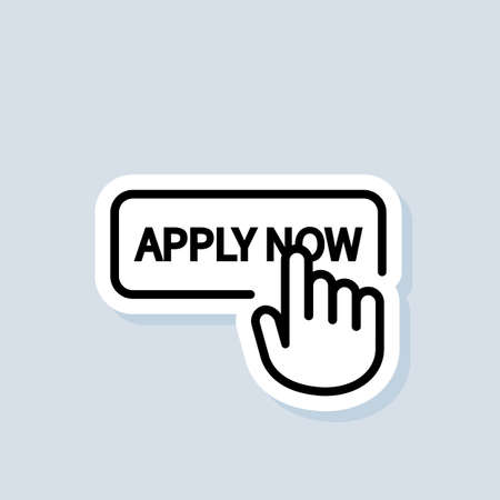 Apply now sticker. Apply now button with hand cursor. Vector on isolated background.のイラスト素材