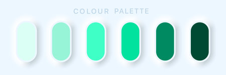 Guide Palette Catalog. Multicolor green cyan. Samples Pastel and RGB HEX. Colorful soft buttons or vivid color spheres flat. Neomorphism Vector illustration.のイラスト素材