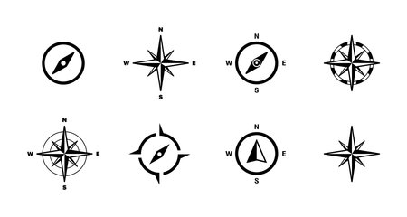 Rose of Wind and ompass icon set. North, south, west and east. travel concept. Vector EPS 10. Isolated on white background.のイラスト素材