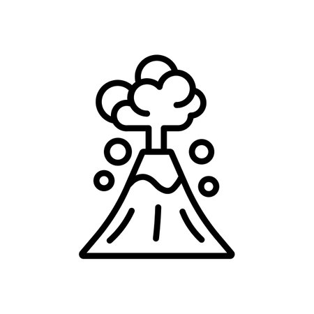Volcano icon. Volcano eruption. Mountain with fountain of lava, volcanic ash clouds, fire and smoke. Vector isolated white background. EPS 10.のイラスト素材