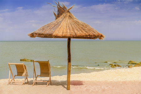Beach sea straw umbrellaの写真素材