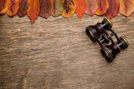 Old binoculars on a wooden backgroundの写真素材