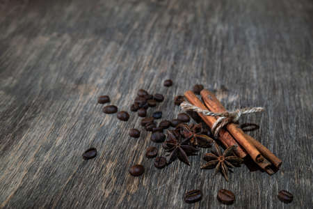 cinnamon stick on old wooden backgroundの写真素材