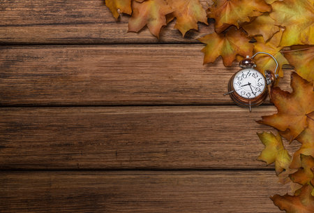 autumn leaves on old wooden background close-up