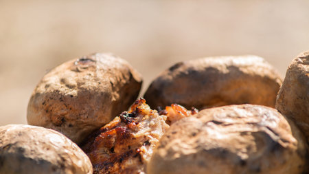 perfectly cooked barbecue potatoes and steakの写真素材