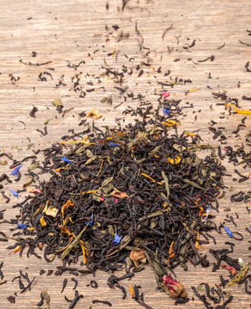 Delicious and aromatic fruity tea with flower petals. Enjoy a tea break at work, at home, visiting friends, family or alone every day. Classic warm or hot drink.の写真素材