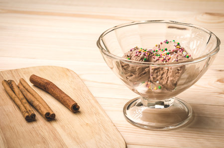 Beautiful chocolate ice cream in a glass and cinnamonの写真素材