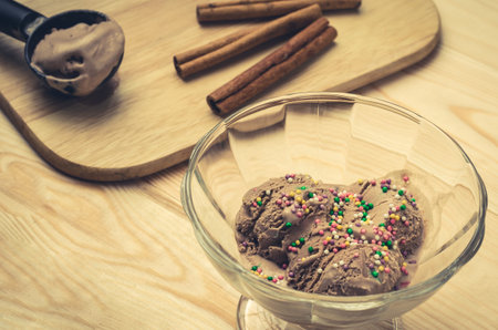 Preparation of chocolate ice cream with cinnamonの写真素材