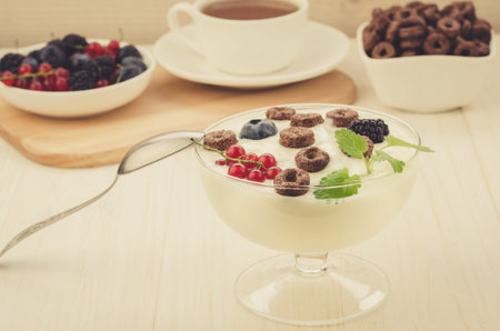breakfast from yogurt with chocolate flakes and berries/breakfast from yogurt with chocolate flakes...