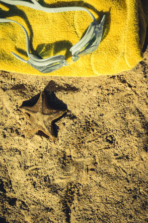 towel and glasses for swimming on beachの写真素材