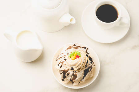 Breakfast whith Coffe and dessert/Breakfast whith Coffe and dessert on a white background. Top viewの写真素材