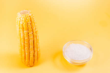 boiled corn and salt on a yellow background/boiled appetizing corn and salt on a yellow background, top viewの写真素材