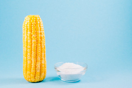 boiled appetizing corn and salt on a blue background, vegetarian concept. Copy space