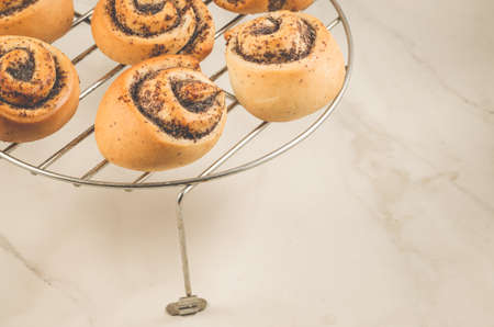 Fresh rolls with poppy on a metal latticeの写真素材