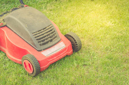Lawn mower cutting green grass/mowing lawn in the cottage yardの写真素材