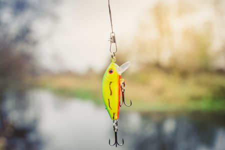 Wobbler yellow and green for fishing on the background of the river. Tackle for fishing. Fishing wobbler. Hobie fishing in natureの写真素材