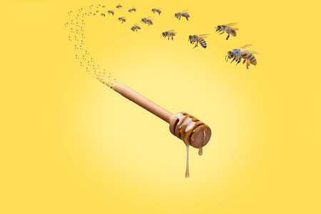 Bee swarm transforms into a wooden spoon with honey.