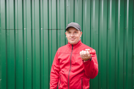 Male trainer in red suit holding small dumbbells on a green background.の写真素材