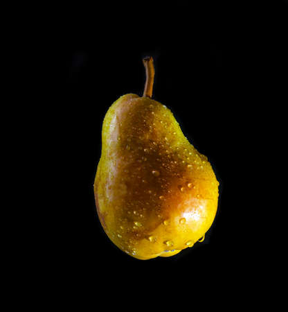 Juicy ripe fresh pears on a black isolated background, stock image. Harvesting. Garden fruits. Selective focus. Space for text. Fruit background. Autumn nature concept
の写真素材