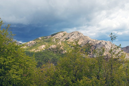 Trees and shrubs grow picturesquely on the rocks. Picturesque autumn landscape of mountains and valleys. Hike the trails of green valleysの写真素材
