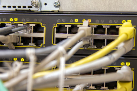 Network cable in the data center. Data transmission over fiber optic information technology....
