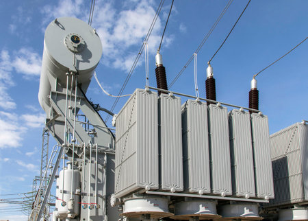 Powerful power transformer for industrial high voltage substation. Energy enterprise.