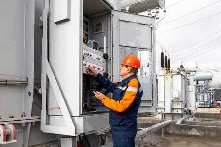 An electrician works at a power plant, near a transformer. An engineer in a red helmet and...