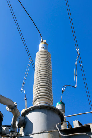Ceramic insulator for industrial transformer. close-up. selective focus
