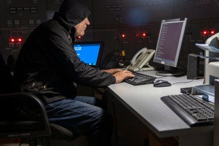 A self-confident specialist works on a personal computer, he controls the energy facility. Large monitoring room with professional people working in the dark.の写真素材