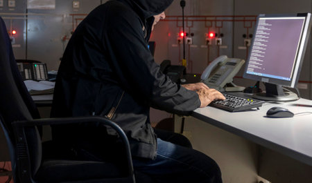 A dispatcher working on a computer in a power plant office late at night. Power plant management at night. selective focus.の写真素材