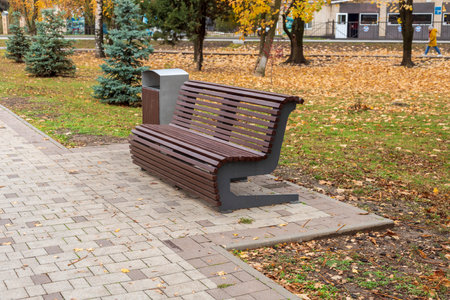 Benches on a paved path in the park. autumn and autumn trees.の写真素材