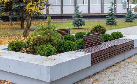 Beautiful original benches with a flower bed and small trees in the park in autumn.の写真素材