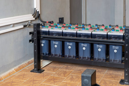Battery in a battery in a power plant to supply electricity during the shutdown phase, rows of batteries in an industrial backup power system.の写真素材